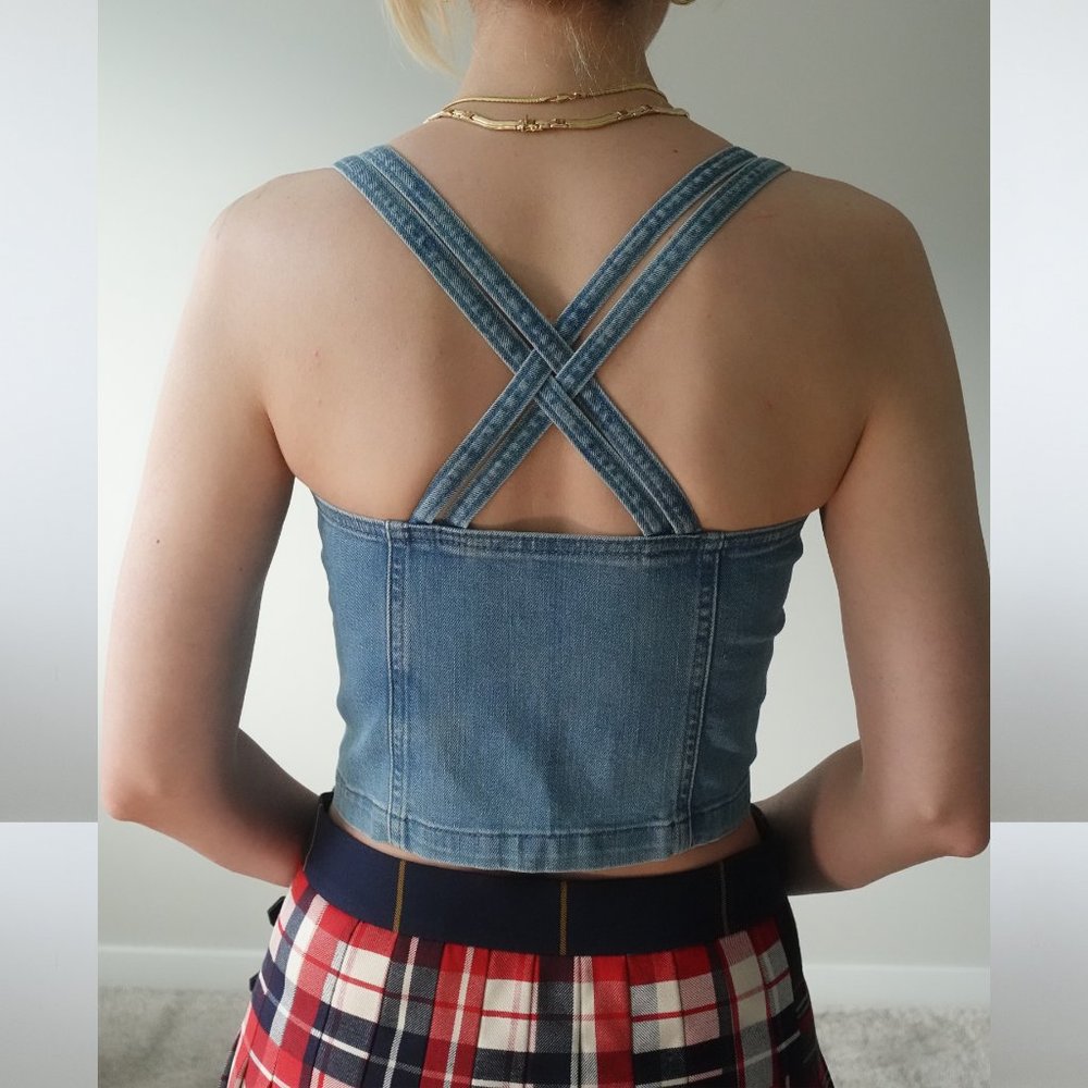 Moto Cross Back Strap Button Up Denim Crop Top Size 6 / 38 / M - Picture 2 of 5